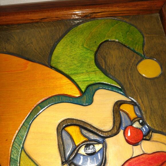 CREEPY CLOWN Colorful Art Picture Inlaid Wood JOKER JESTER Plaque 15x12 Signed - Picture 5 of 16